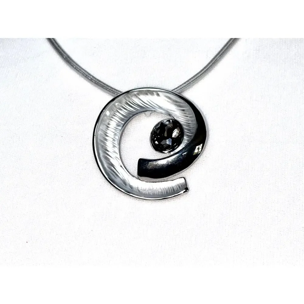 Silver Tone Textured Spiral Pendant Smoky Crystal Statement Necklace EUC